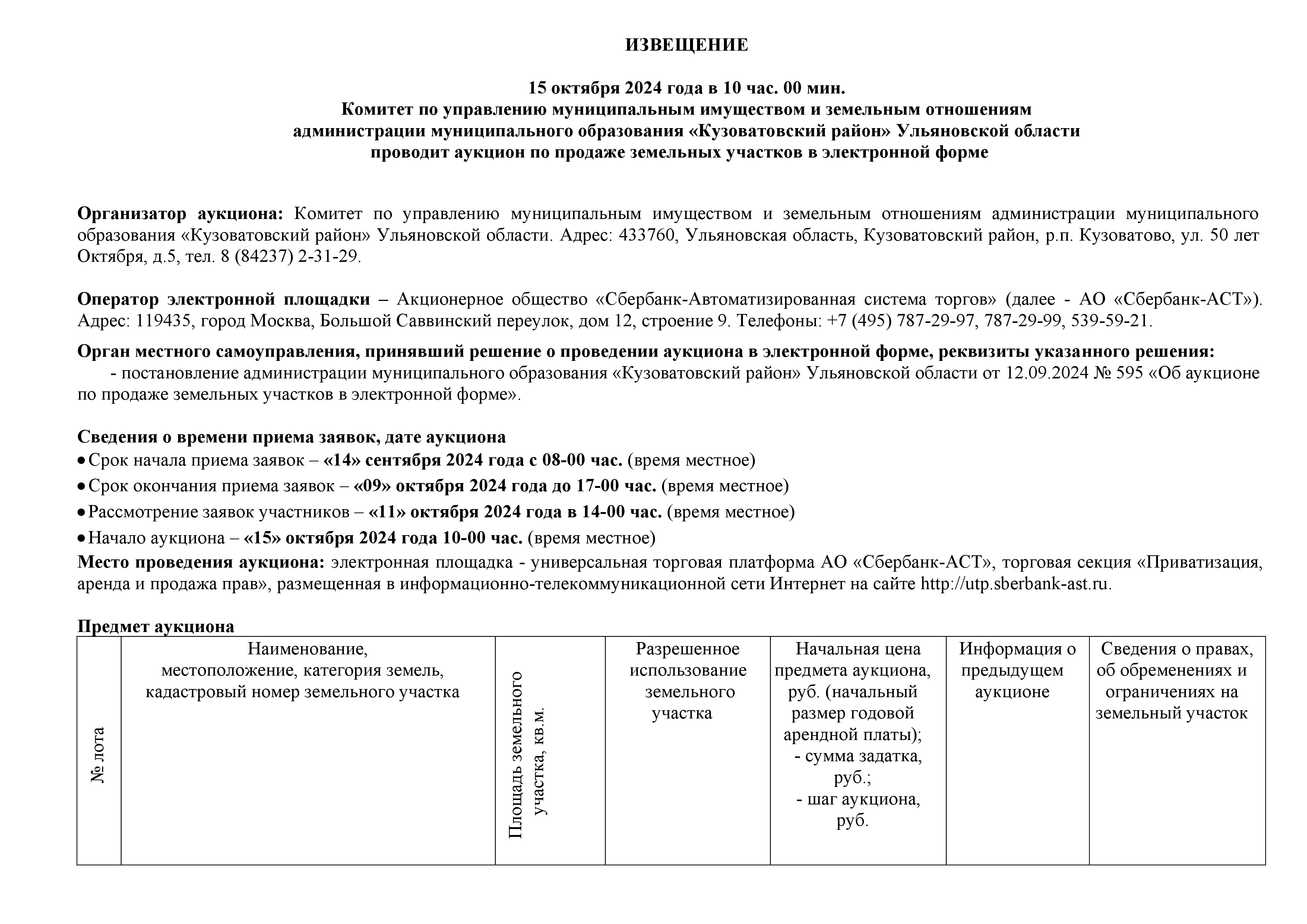 Извещение о проведении аукциона по продаже земельных участков в электронной форме.