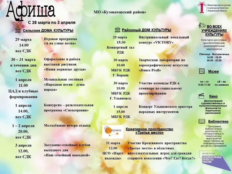 Афиша культурных событий в Кузоватовском районе с 28 марта по 3 апреля.