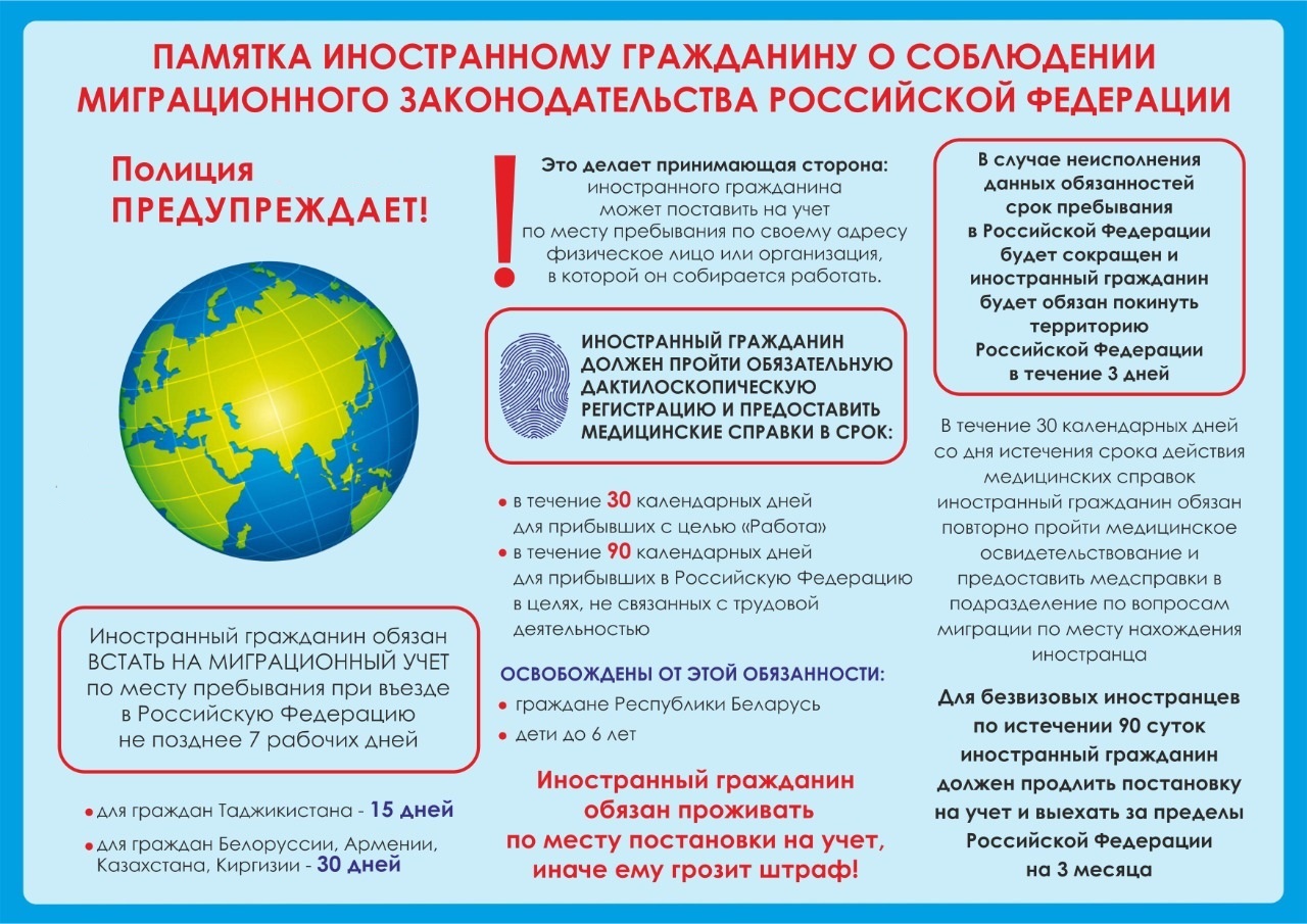 Памятка для иностранных граждан о соблюдении миграционного законодательства Российской Федерации.